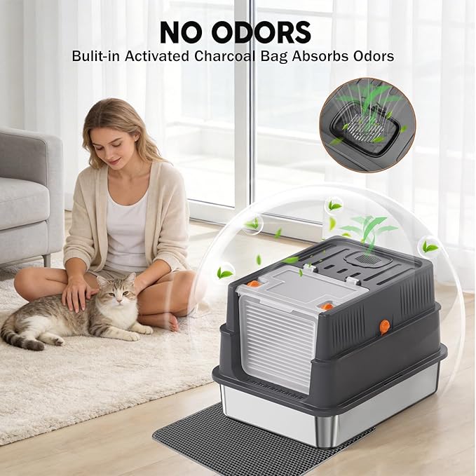 Stainless Steel Litter Box with Lid: Enclosed Cat Litter Box for Small Cats & Kitten, Metal Kitty Litter Pan with High Sided Enclosure, Include Scoop & Mat, Odor Control, Anti-Leakage