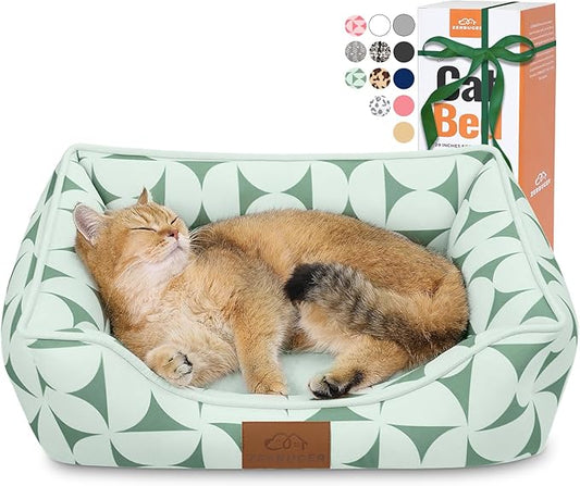 Zerbuger Rectangle Cat Dog Bed for Large Medium Small Pets Indoor Outdoor Machine Washable Sleeping Sofa Non-Slip Bottom Soft Puppy Bed Durable Orthopedic Calming Pet Cuddler (Small, Green Pattern)