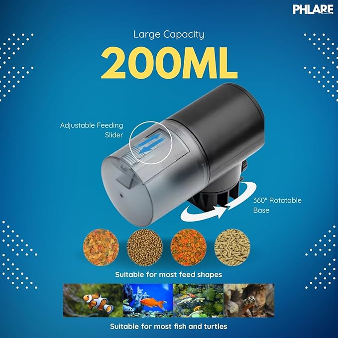 Automatic Fish Feeder for Aquariums - Rechargeable Auto Timer Feeder for Vacation | Fits Flakes & Pellets | 200ml Capacity
