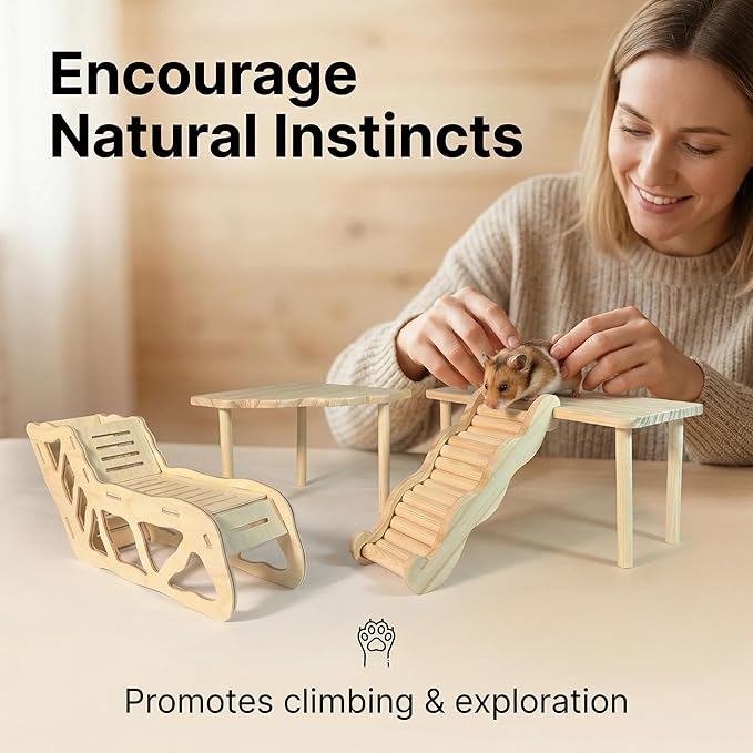 4 Pcs Hamster Platform Wooden Tunnel Ladder Hidden Play House Hamster Game Climbing Toy with Platform, Decor Toy cage Accessories for Dwarf Syrian Mice Degus Gerbils Squirrel and Other Small Pets
