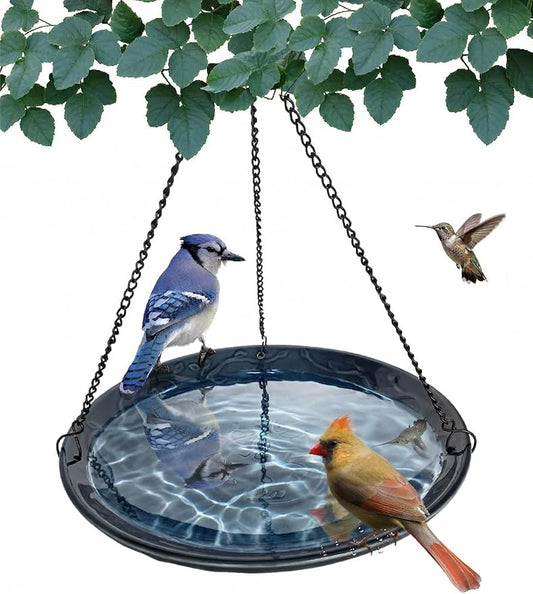 Blue Ceramic Bird Bath Bowl - Hanging Bird Baths for Outdoors - 12-Inch Glazed Ceramic Bowl with Embossed Bluebird & Flower Design - Metal Chain & Hook