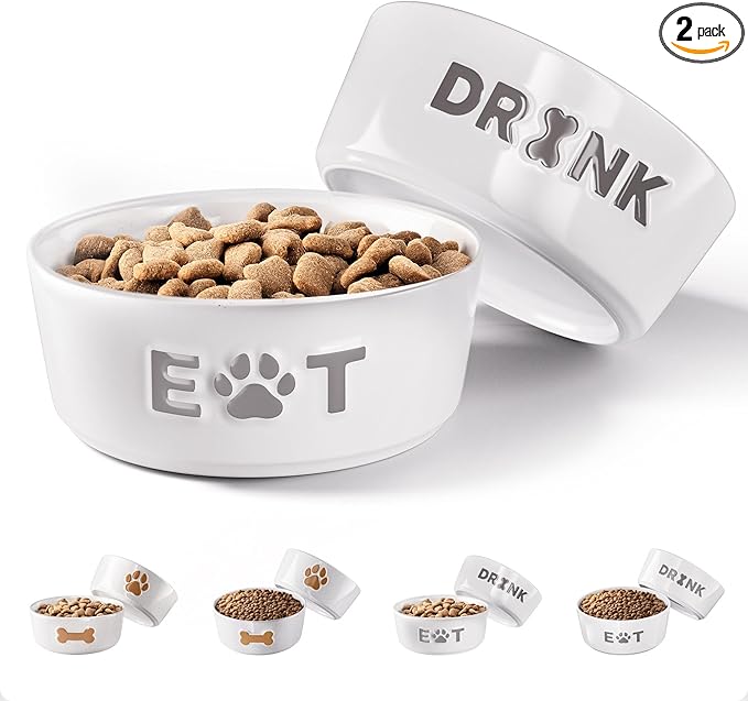Ceramic Dog Bowl Set of 2 with Anti-Skid Base - 5" Wide x 2" Tall Ceramic Dog Bowls for Small Dogs - 2 Cup Capacity Food and Water Bowls for Dogs - Rubber Bottom Pet Bowl Set of 2 for Small Pets