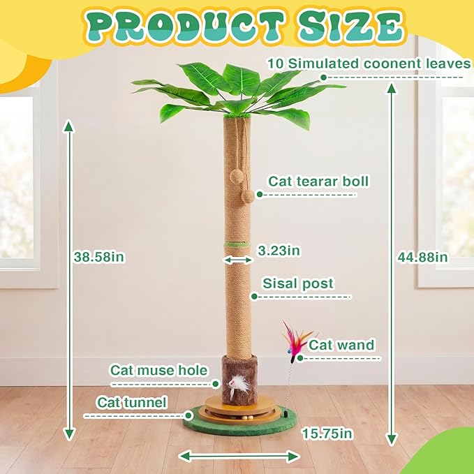 Nuanchu 45in Tall Cat Scratching Post for Indoor Cats Adults, Scratcher Tree Tower with Sisal Rope, Large Cats Scratching Posts with Hanging Ball for Kittens and Medium Large Pet
