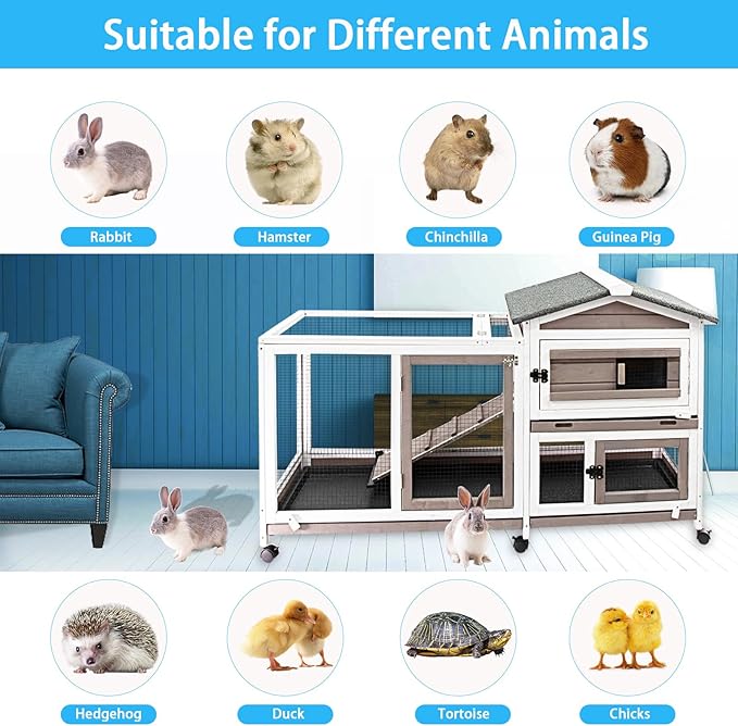 Ketive Rabbit Hutch Indoor Outdoor Two Story Bunny Hutch with Wheels Guinea Pig Cage with Removable No Leaking Tray Wooden Pet House