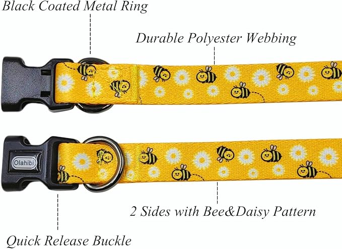 Dog Collar Leash Set, Floral Pattern, Polyester Material, Adjustable Collar and 5ft Matching Leash, for Medium Dogs.(M, Bee Daisy)