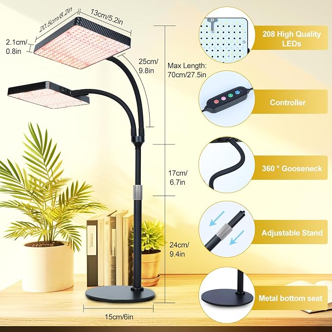 FECiDA 2Head Tabletop Grow Lights for Seed Starting, Indoor Plants, Bonsai | 50 Watt Power Draw, Super Bright and Big Coverage, 5-Mode Timer 4/8/12/16/20 Hr, 16"-24" Height Adjustable