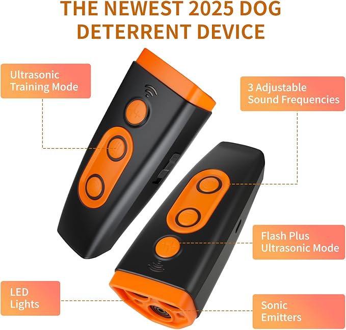 Ultrasonic Dog Bark Deterrent Device - 3X Sonic Emitters, 50ft Range | 6 Adjustable Modes w/Beep & Flashlight | Rechargeable, Safe for Small/Medium/Large Dogs | Indoor & Outdoor Use