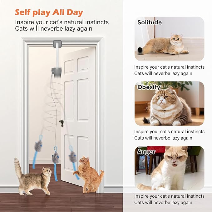 Automatic Rechargeable Cat Teaser, Door Mount Hanging Interactive Cat Toy, 360° Spinning & Irregular Jumping Motion Modes, Smart Electric Cat Exercise Toy for Indoor Cat Self Play, Grey