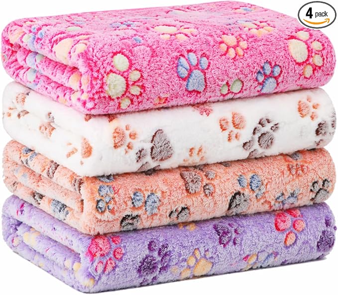 Tatuo 4 Pack Fleece Dog Blankets for Puppy Cats Multi-Size Sleep Mat for Pet Guinea Pig Soft Washable Warm Crate Bed Puppy Teething Toys Print Pattern Blanket Indoor(Mixed Color,24 x 47 Inch,Paw)