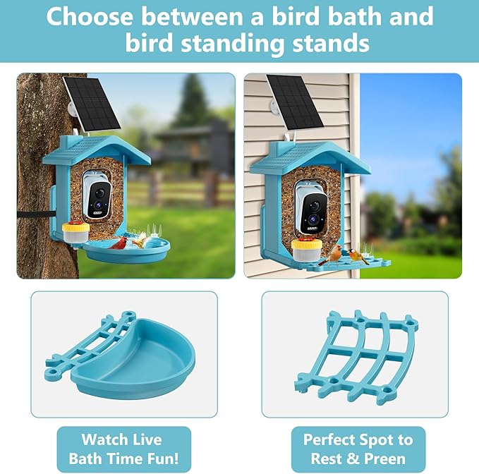 Smart Bird Feeder with Camera Solar Powered, AI Birds Species Identification, 2.5K HD Video Bird House with Camera for Outside, Weatherproof Design Ideal Gifts for Christmas, Bird Lovers, Blue