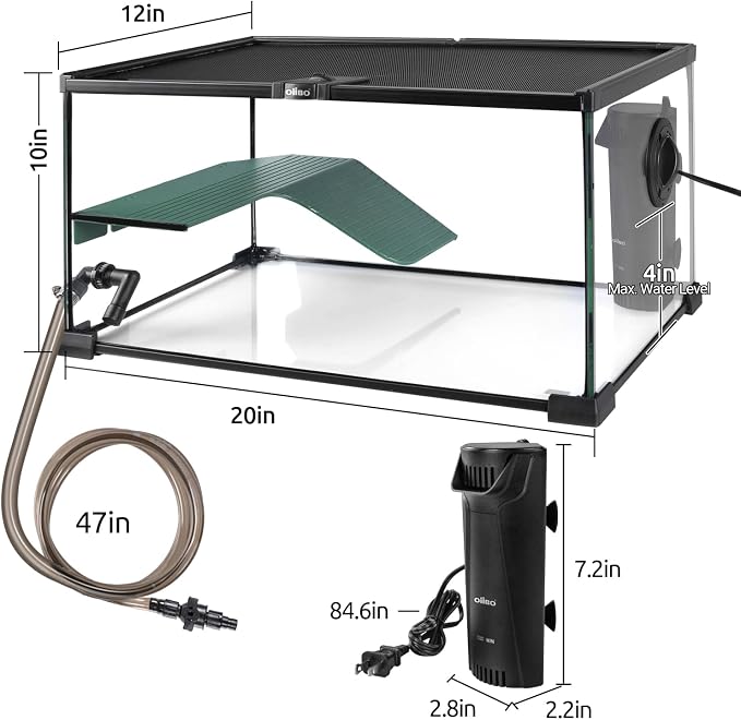 Glass Turtle Tank Kit, 10 Gallon 20" x 12" x 10" Turtle Tank Starter Kit with Drainage System, Basking Platform and Quiet Aquarium Corner Internal Filter Aquatic Turtle Terrarium