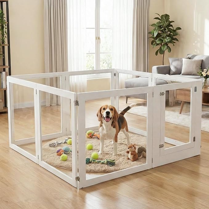 Heavy Duty Clear Acrylic Dog Playpen for Small/Medium Pets – 32" High Clear Pet Pen with Sturdy Metal Frame, Walk-in Kennel, Expandable Indoor & Outdoor Pet Play Yard