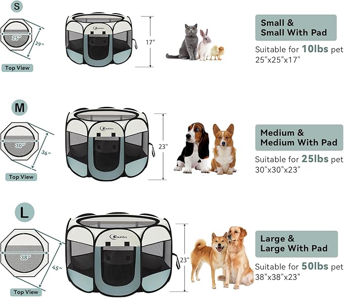 Siedihit Dog Cat Playpen, Puppy Pet Playpen Indoor for Small Dog Crate Tent Cage Outdoor, Portable Pop Up Dogs Enclosure Kennel with Carrying Case for Dogs/Cats/Rabbits(Grey, Small