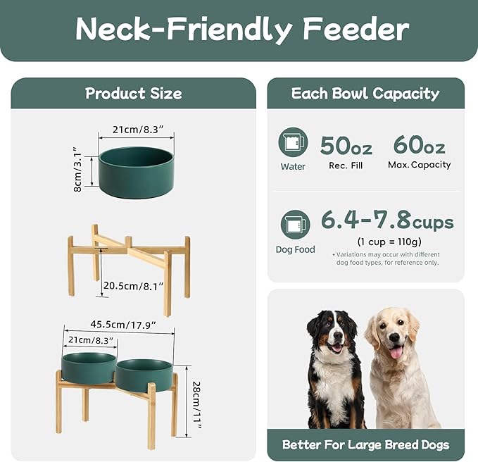Havniva Ceramic Raised Double Bowls Set with Stand, Food & Water Bowls for Large Breed Dogs, Weighted Dog Dishes, Pet Bowl(8.2'',60OZ, Green)