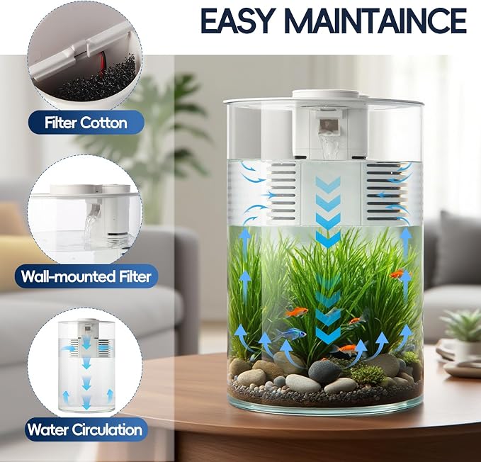 3 Gallon Self Cleaning Fish Tank, Aquarium Starter Kit for Betta, Shrimp & Small Fish, Nano Aquarium with Filter and Light (17 Color Choices),360 View for Small Fish, for Home, Office Best Gifts