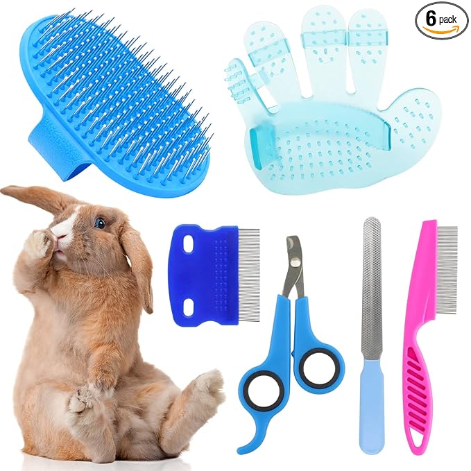 Rabbit Grooming Kit, Rabbit Brush for Shedding with Bunny Nail Clipper, Rabbit Nail Trimmers with Pet Combs for Hamster Guinea Pig Ferret by KALAMANDA(6 Pack)