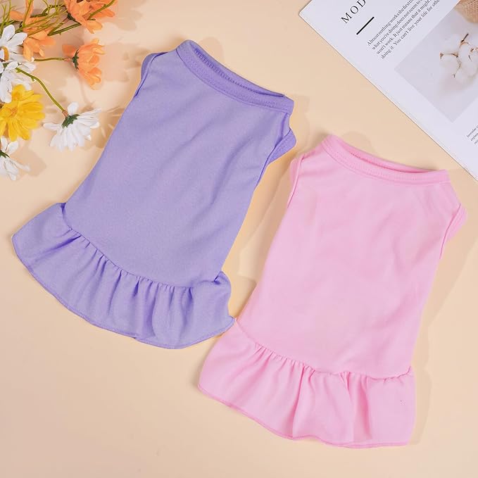 2 Pcs Dog Dresses Cat Skirt Solid Color Dog Clothes Summer Sleeveless Puppy Girl Clothes for Small Pet Dogs Cats (Pink,Light Purple, X-Small)