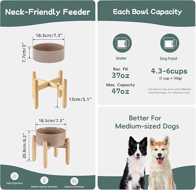 Havniva Ceramic 7.3inch Raised Dog Bowl Set, Elevated with Wooden Stand, Food and Water Bowl for Medium Breed Dogs, Weighted Dog Dishes, Pet Feeder(Brown Coffee)