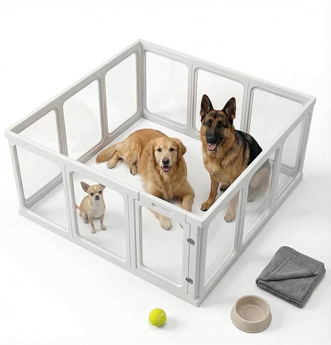 12Pcs Clear Acrylic Plastic Dog Playpen, 23.6“ H Lightweight & Easy Assemble Playpen Divider, Durable Safety Play Pen Indoors, Puppy, Cat, Small Animal(White)