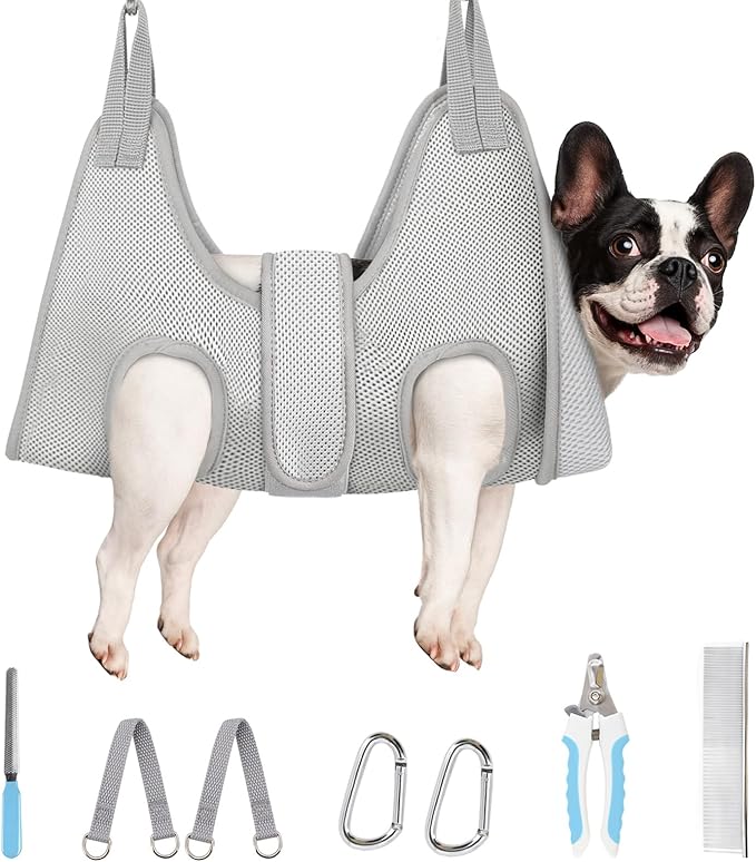 Supet Dog Grooming Hammock for Medium Dogs, Dog Hanging Harness for Nail Trimming Doorframe, Pet Holder Restraint for Clipping Nails (Grey M)