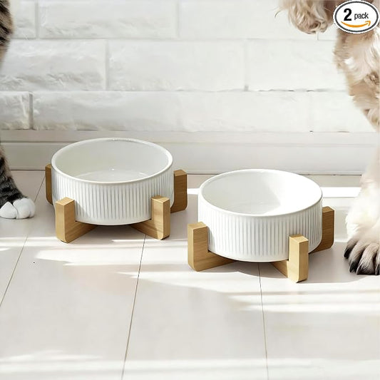 Elevated Ceramic Cat and Dog Double Bowl Set - 14 oz Lead-Free Feeder with Two Natural Bamboo Wood Stands (White Stripes)