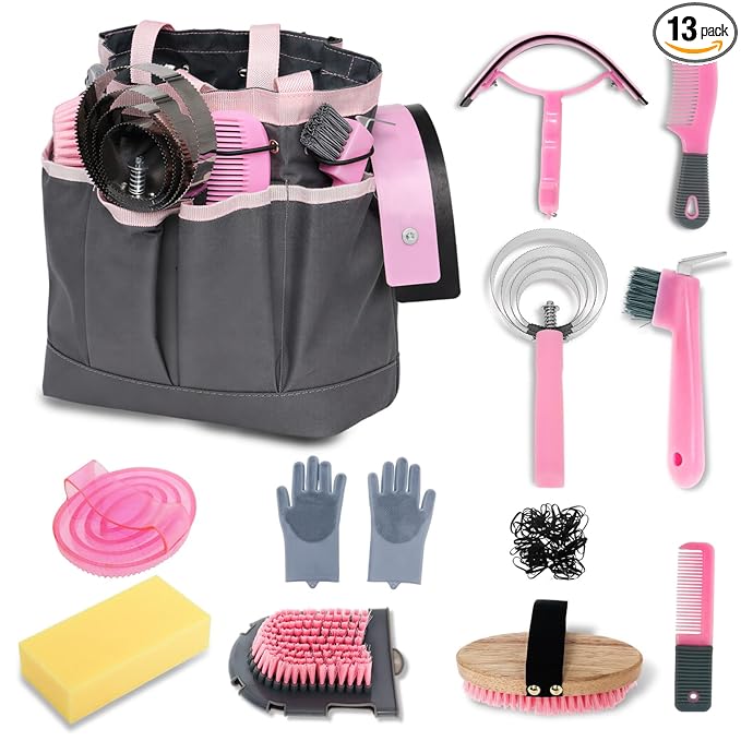 Horse Grooming Kit 13 Piece, Horse Brushes for Grooming Supplies Set, Professional Horse Supplies with Gloves & Brush for Equine Care, Pink