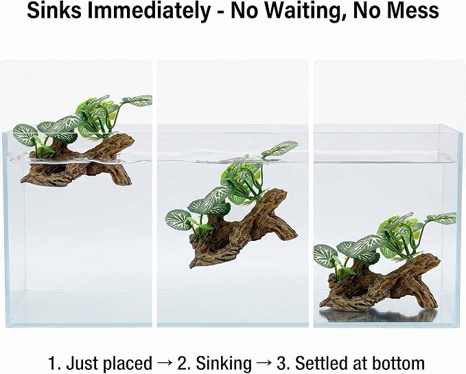 Aquarium Driftwood Decor 4 Inch - Resin Driftwood with Silk Plant Leaves, Fish Tank Decoration for Betta, African Dwarf Frog, Shrimp Hideout