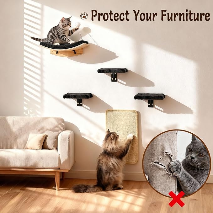 5 in 1 Cat Furniture Set with Soft Curved Pad，Modern Space-Saving Wall Mounted Shelves for Play & Rest