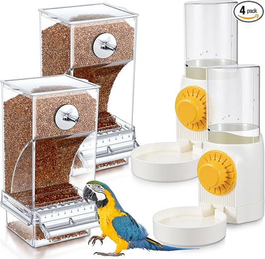 Jingmore 4 Pcs No Mess Small Bird Feeder Parakeet Water Dispenser Set Automatic Clear Parakeet Feeder Acrylic Watered Cage Accessories for Canary Budgie Lovebirds Finches(White)