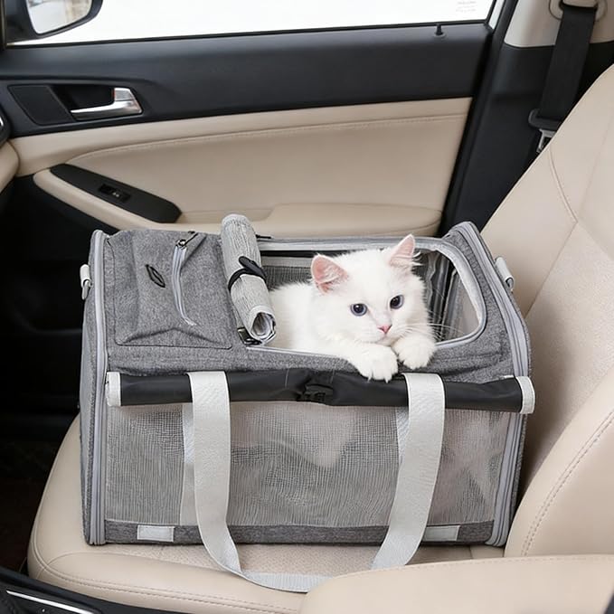 Pet Carrier Bag for Cats & Small Dogs, Airline Approved Travel Cat Carrier with Mesh Windows, Shoulder Strap & Removable Mat, Foldable Design for Home & Outdoor Trips