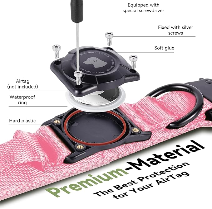 2026 Upgrade Waterproof AirTag Dog Collar, Military Tactical Dog Collar with AirTag Holder, Comfortable Control Handle and Metal Buckle, GPS Dog Collar Holder for Medium to Large Dogs (Pink, M)