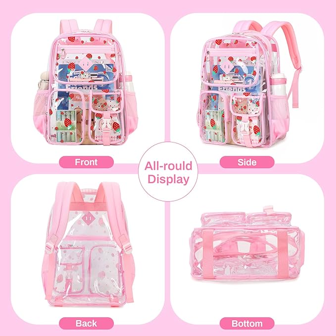 PIG PIG GIRL Clear Backpack for School,Heavy Duty PVC Transparent Bookbag for Girls Stadium Approved See Through Backpack