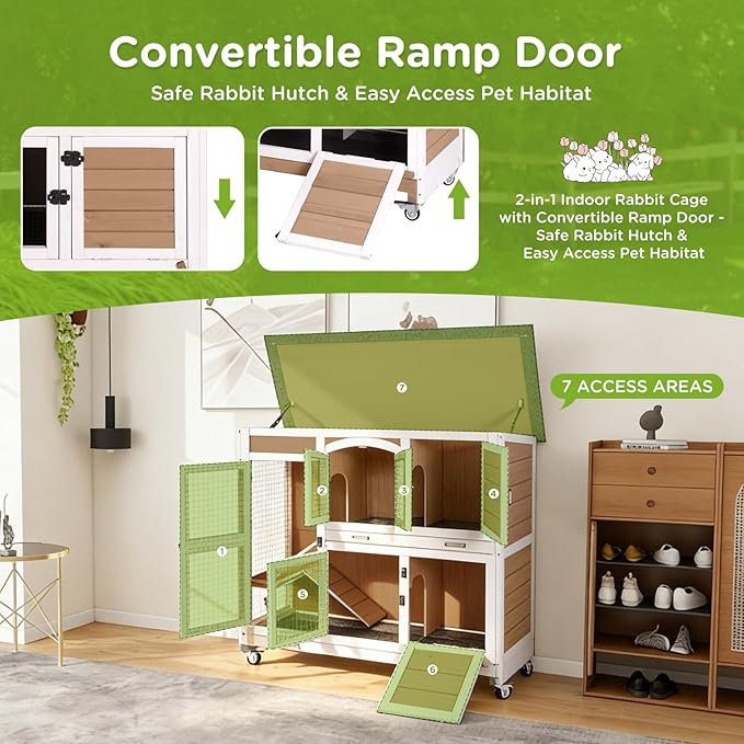 Gutinneen Large Indoor Rabbit Hutch Mobile Bunny Cage with Chew-Proof Ramp, Locking Leak-Proof Trays - Outdoor 44" Wooden Rabbit Cage with 4 Wheels for Rabbits, Guinea Pigs, Small Animals (Brown)