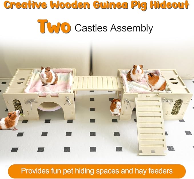 4 in 1 Upgraded Guinea Pig Hideout, Large Guinea Pig Castle with Hay Feeder, Hammock, House and Ramp, Easy to Assemble Wooden Guinea Pigs Toy for Chinchilla Rabbit Guinea Pigs Accessories