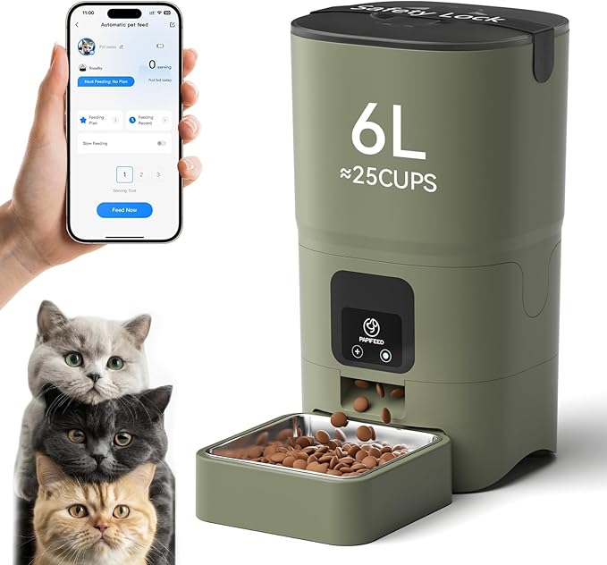 PAPIFEED Automatic Cat Feeder with App, 2.4G WiFi Cat Food Dispenser, 6L Timed Cat Feeders for Dry Food, 10 Meals/Day, 12 Portions/Meal, Dual Power Supply Smart Pet Feeder for Small Dog, Army Green