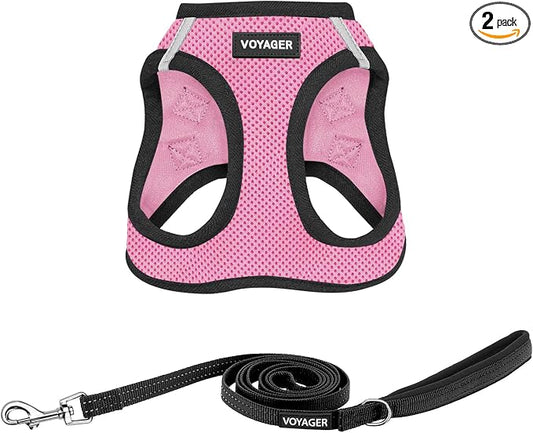 Best Pet Supplies Voyager Step-in Air All Weather Mesh Harness and Reflective Dog 5ft Leash Combo with Neoprene Handle, for Small, Medium and Large Breed Puppies - Set (Pink Base), X-Small