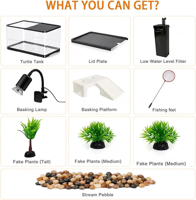 Turtle Tank Starter Kit– Acrylic Aquarium with UVB/UVA Lamp, 3W Quiet Filter, Basking Platform & Lid – Complete Habitat for Baby Turtles, Crabs, Amphibians & Small Reptiles