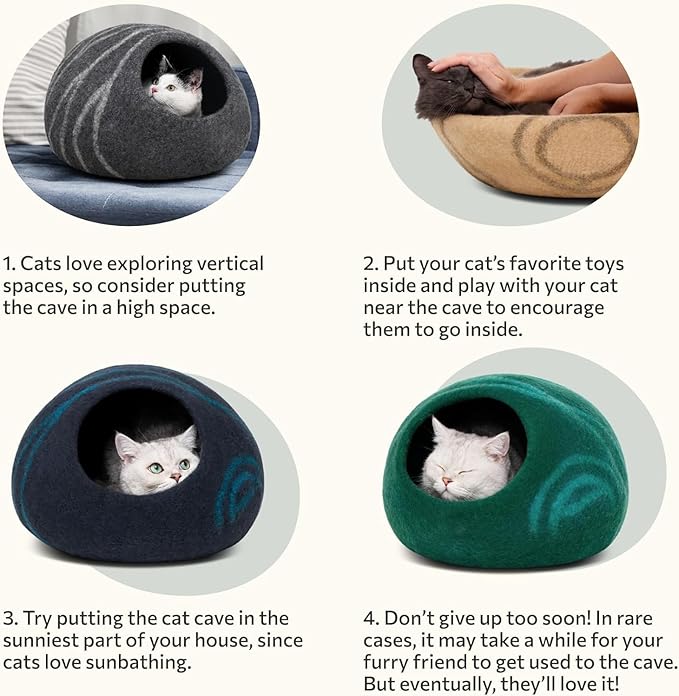 MEOWFIA Cat Cave – Premium Felt Cat Bed for Indoor Cats, Handmade Merino Wool (Beige, Large)