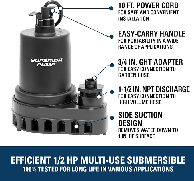 Superior Pump 91570 3300GPH Thermoplastic Submersible Utility Pump with 10-Foot Cord, 1/2 HP