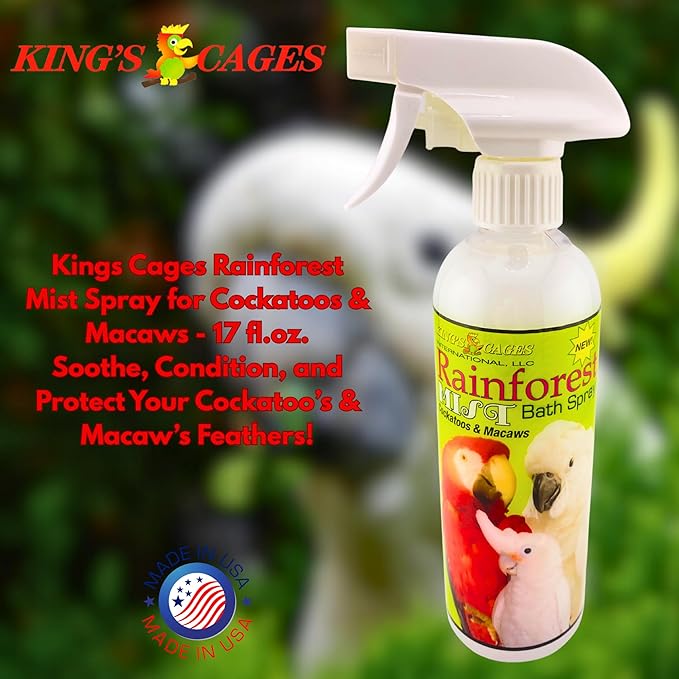 King's Cages Rainforest Mist White Spray 17 oz. Feather Conditioning Bath Mist with Vanilla Scent for Cockatoos and Macaws Parrots
