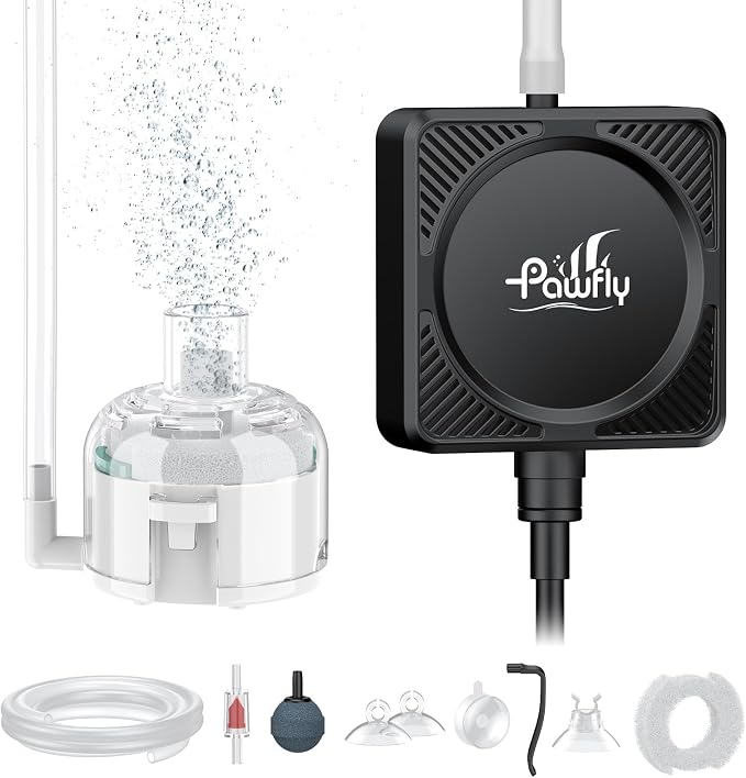 Pawfly Mini Aquarium Air Pump, Ultra Quiet 1.3W Oxygen Aerator for Nano Fish Tanks 1-15 Gallons, Compact Bubbler with Sponge Filter, Airline Tubing and Air Stone