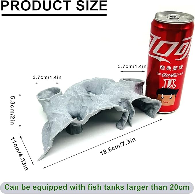 Aquarium Cave Tunnel Hideout - 3D Printed Fish Tank Cave Decor for Pleco | Friendly Sinking Base Shrimp/Betta Fish Hideout for Aquarium with Viewing Ports