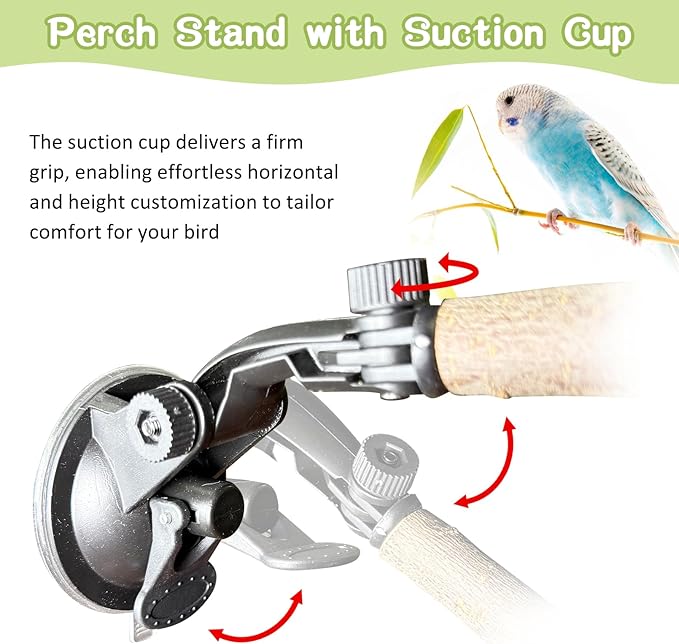 BNOSDM 2 Pcs Bird Perch Stand, Parrot Wood Perch with Strong Suction Cup, Movable Perches Stand Bird Training Set, for Window Shower Bathroom Ceramic Tiles for Parrots, Parakeets, Budgies, Lovebirds