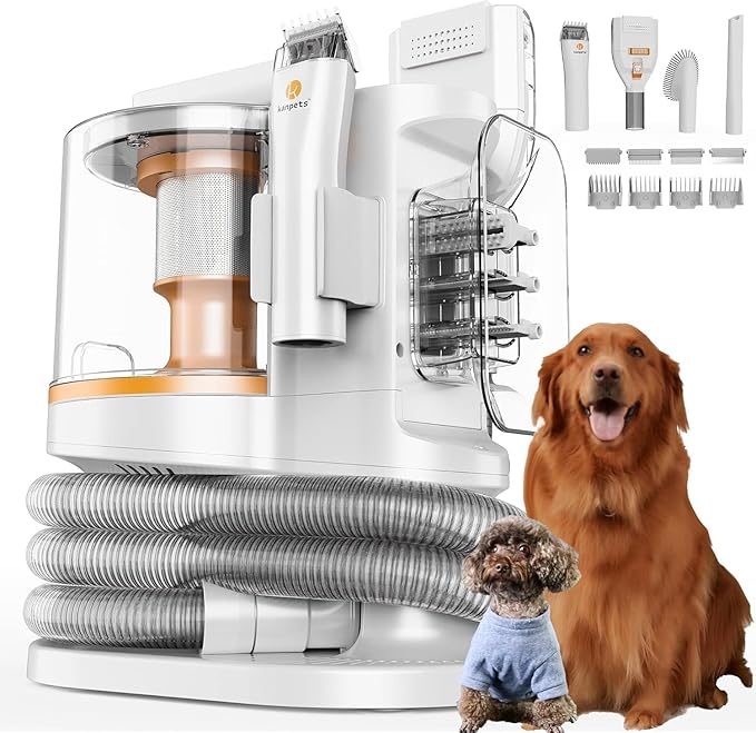 Pet Grooming Kit with 3.4L Oversized Vacuum Suction - 99% Pet Hair Removal - Professional Dog Clippers & Shedding Tools for Cats, Teddy, Poodle, Golden Retrievers (White-Orange)