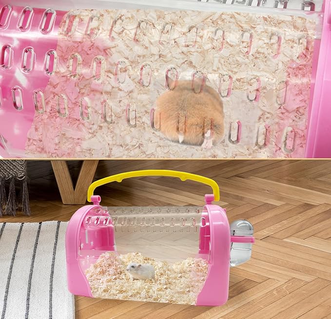 kathson Hamster Cage Travel Carrier Portable Cage with Water Bottle Outgoing Cage and Adjustable Strap Pet Cage for Small Pet Hedgehog Sugar Glider Squirrel Mice（Pink）