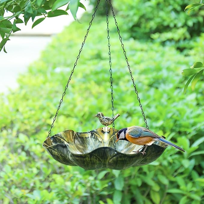 MUMTOP Hanging Bird Baths for Outdoors - Metal Bird Bath, 11.6 Inch Flower Shape Birdbath Bird Feeder Bowl for Outside, Garden, Lawn Yard Decor(Silver)