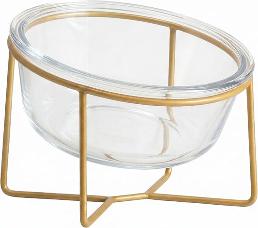 Small Glass Tilted Elevated Cat Dog Bowl Raised Cat Food Water Bowl Dish Pet Comfort Feeding Bowls with Gold Iron Stand