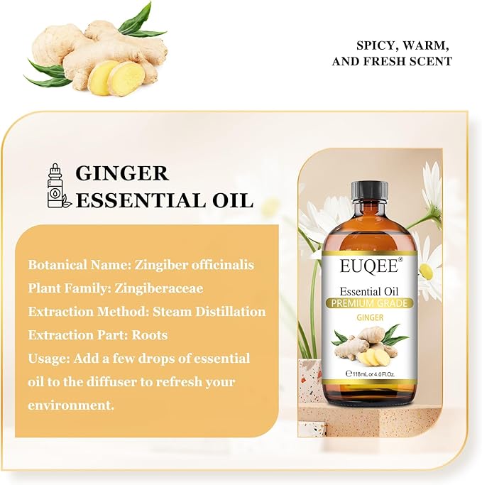 EUQEE Ginger Essential Oil 118mL Pure Ginger Oil, Large Bottle Premium Essential Oil with Glass Dropper for Diffuser, Candle Making, DIY Soap - 4fl. oz