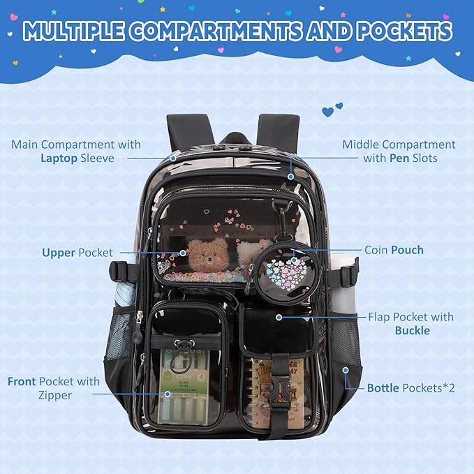 Clear Backpacks for Stadium Events Heavy Duty Clear Bookbag for School Girls Transparent Back Pack, Black Semitransparent