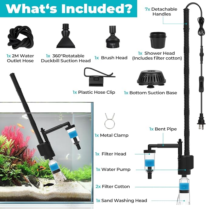 fishkeeper Electric Aquarium Gravel Cleaner, 8 in 1 Automatic Fish Tank Cleaning Tools Gravel Vacuum for Aquarium, for Change Water/Wash Sand/Water Filter/Water Circulation